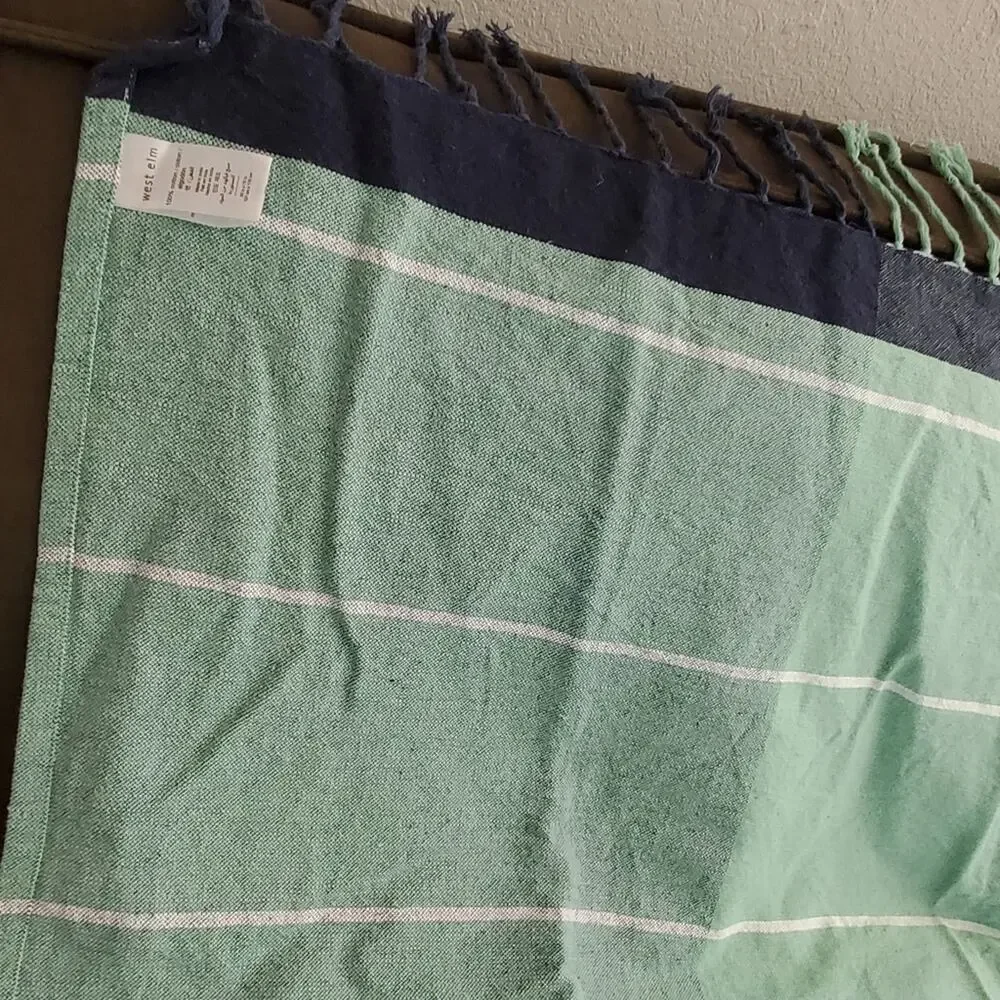 West Elm Multicolor Green Fringed 100% Cotton Throw Blanket Excellent condition